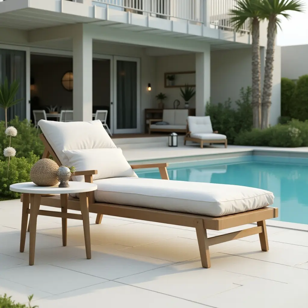 a photo of a chic side table next to a poolside recliner