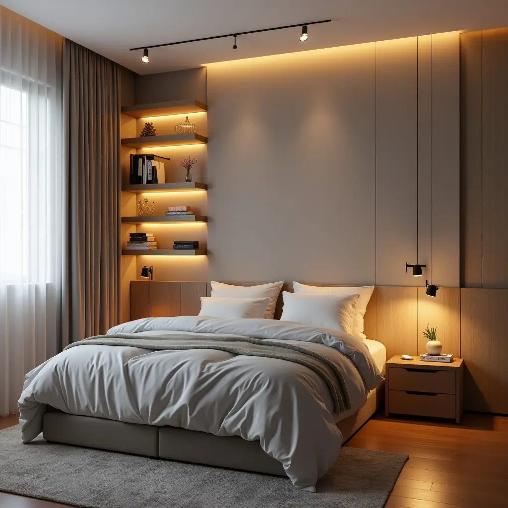 a photo of a modern teen bedroom with floating shelves and ambient lighting