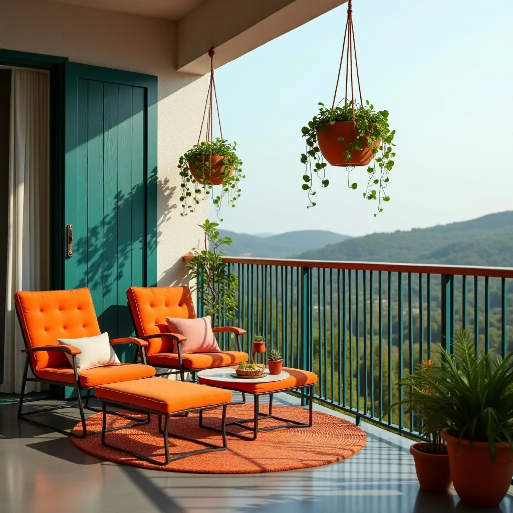 a photo of a lively balcony with orange and teal accents and hanging plants