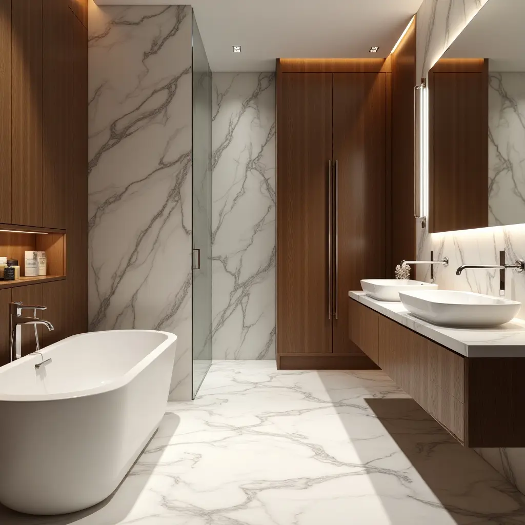 a photo of a high-end bathroom showcasing marble tiles, rich wood, and elegant metal features