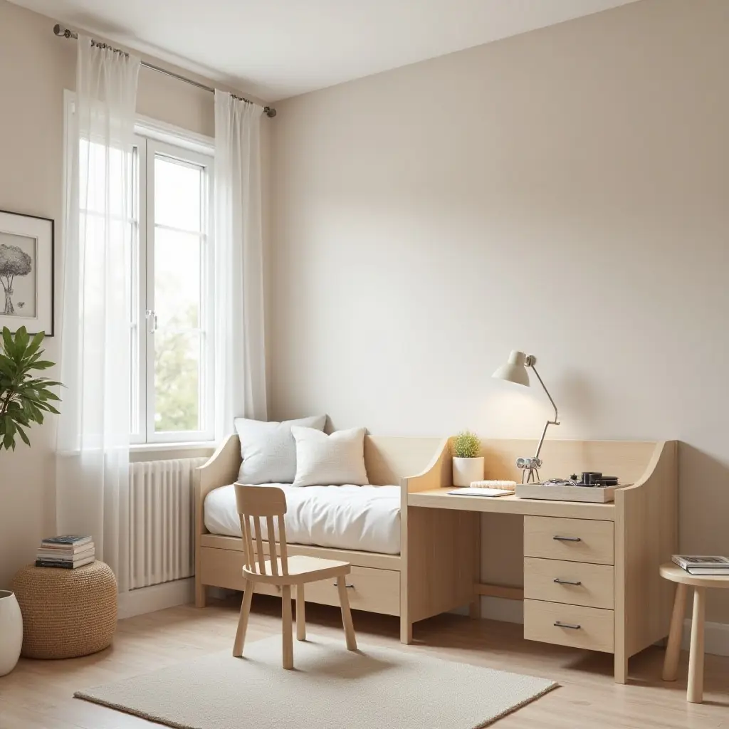 a photo of a children's room featuring a fold-down desk
