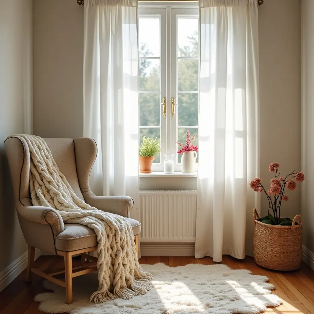 a photo of a sunlit room with a knitted throw and rustic decor