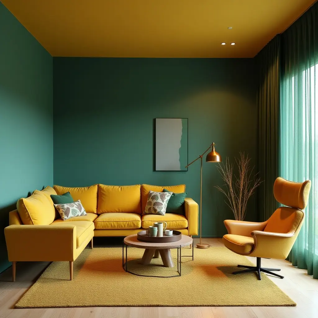 a photo of a vibrant teal and mustard yellow basement with modern furniture