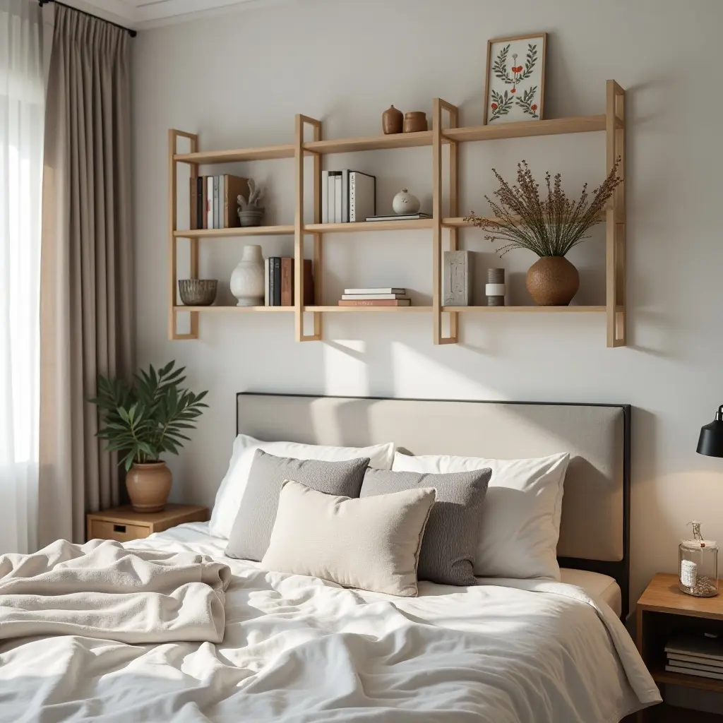 a photo of a cozy bedroom shelf displaying art supplies and creative decor
