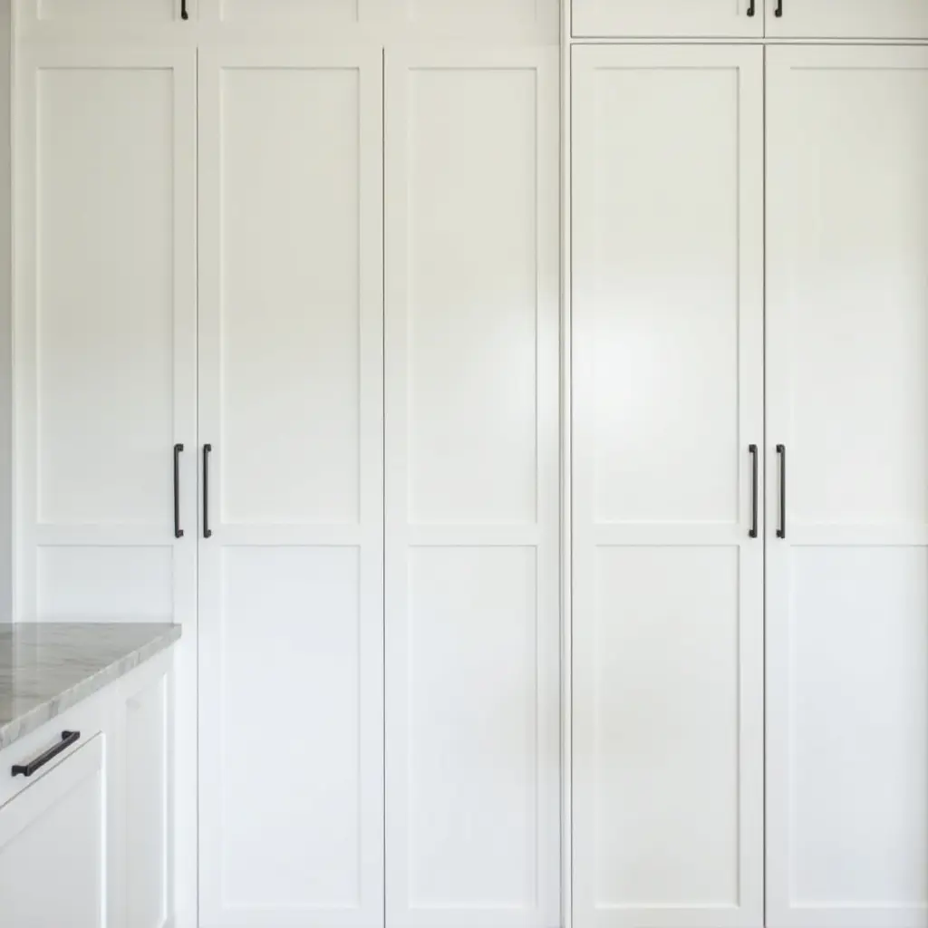 a photo of a minimalist butler's pantry with white cabinetry and marble countertops