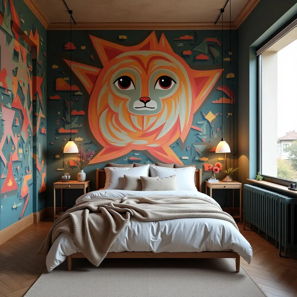 a photo of an artistic bedroom featuring a mural and creative workspace