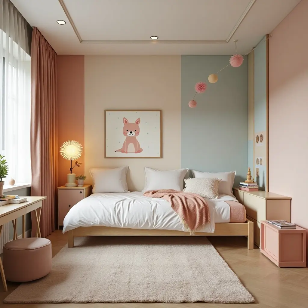 a photo of a shared bedroom with a fun theme and multifunctional furniture