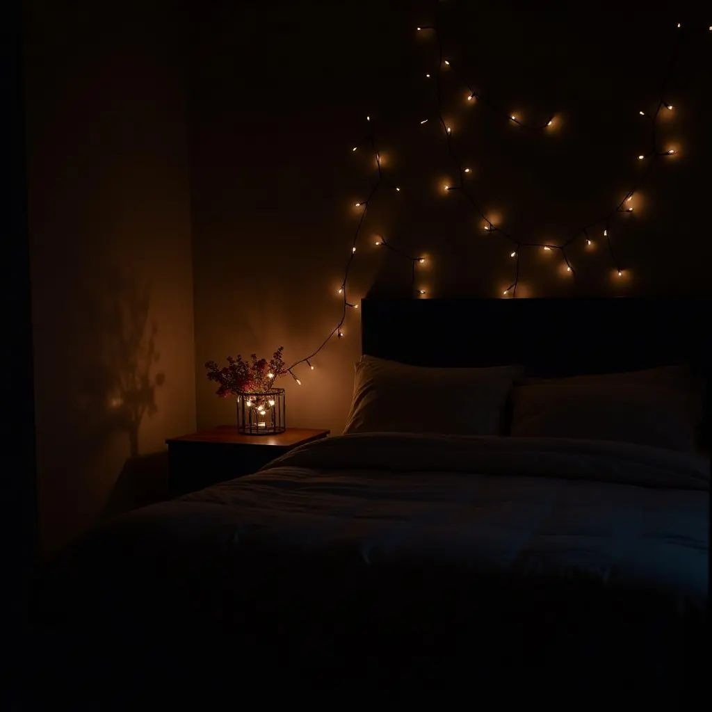 a photo of a dark-themed bedroom with fairy lights for ambiance