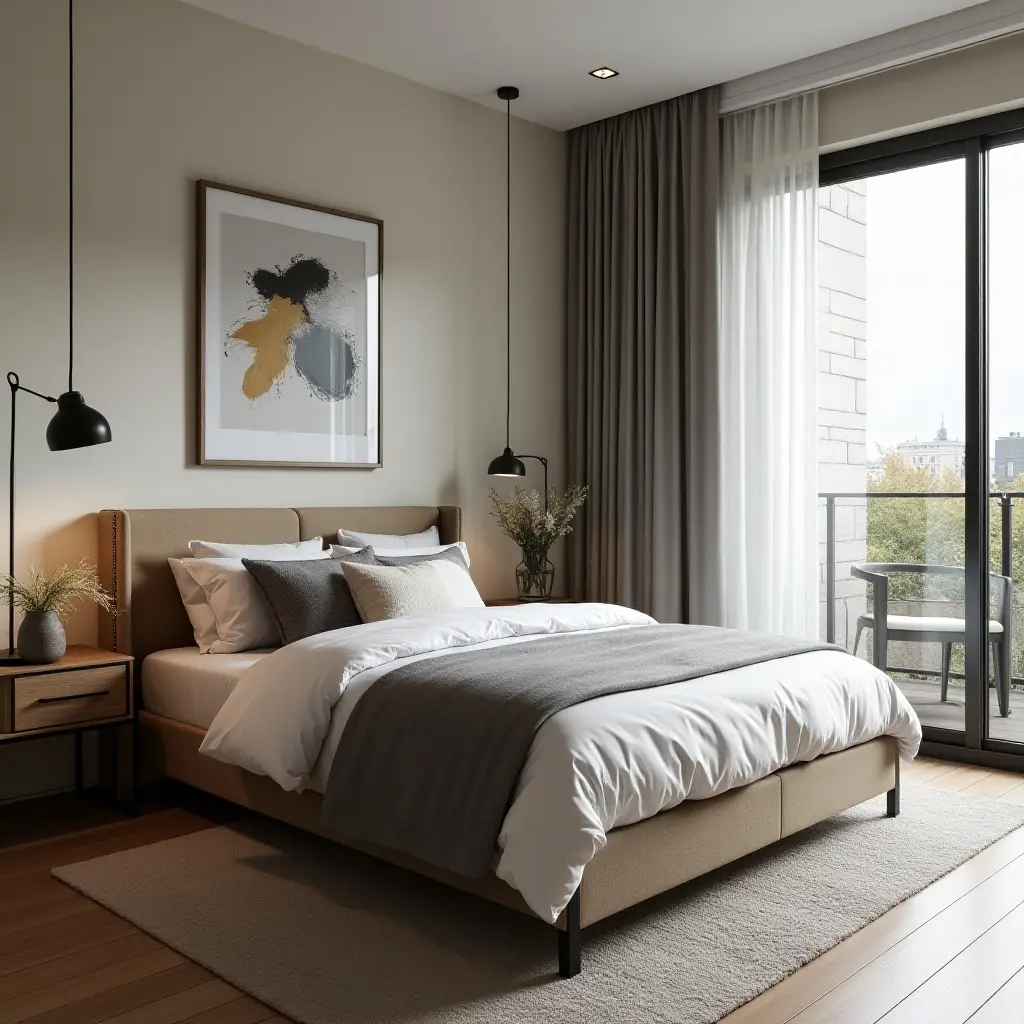 a photo of a functional teen bedroom with stylish fabric, wood, and metal textures