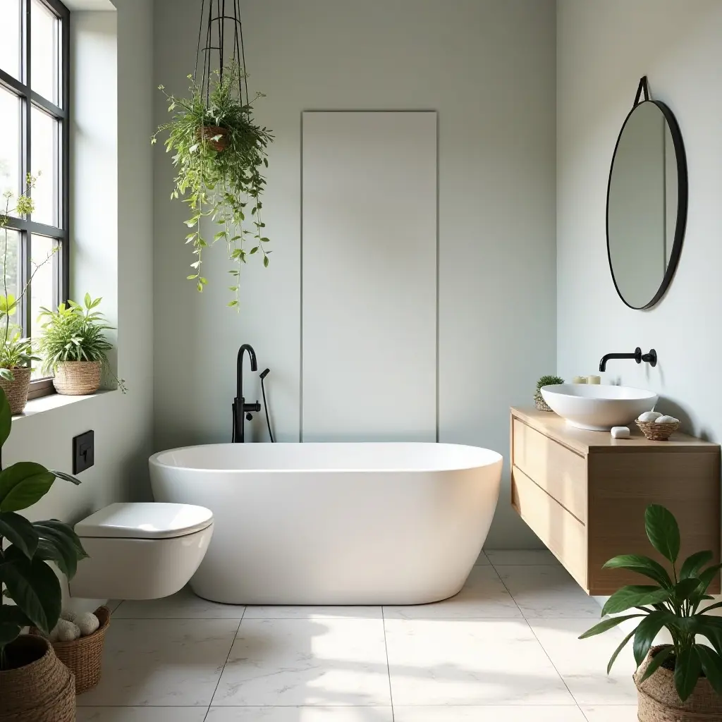 a photo of a minimalist bathroom adorned with lush greenery and chic decor