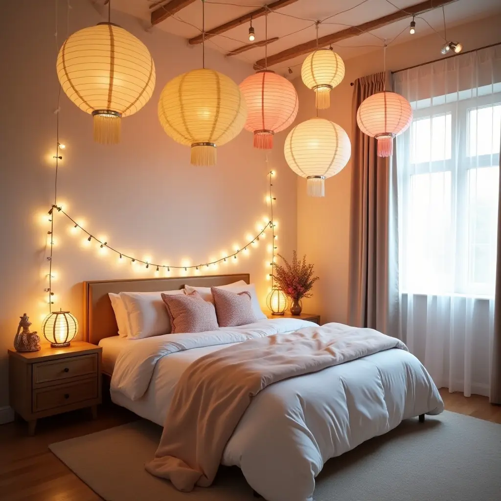 a photo of a whimsical bedroom with paper lanterns and garlands