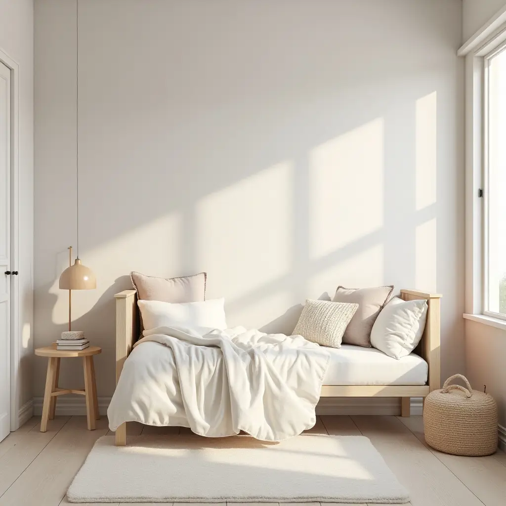 a photo of a serene Scandinavian-inspired kids' bedroom with soft lighting and gentle colors