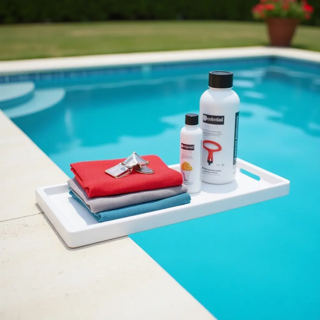 a photo of a compact poolside shelf with essential pool gear