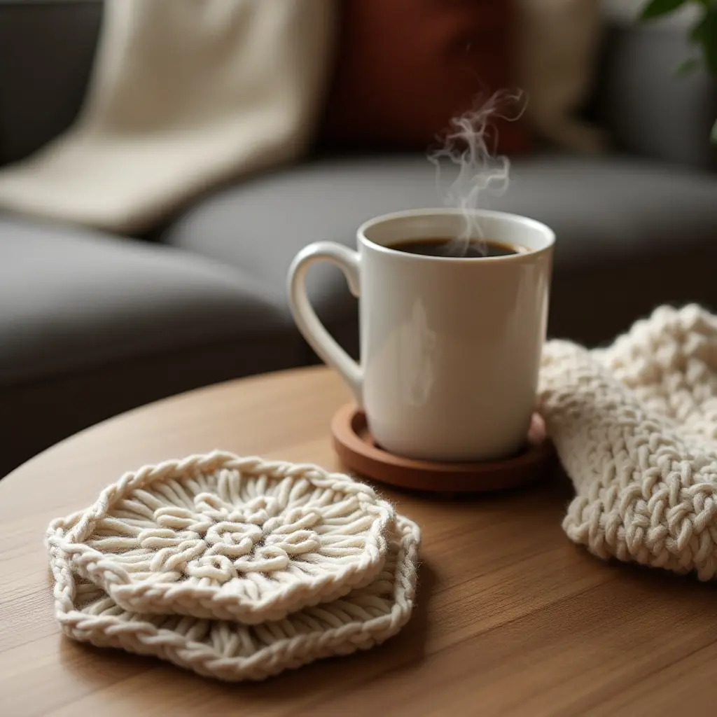 a photo of a cozy coffee table setup with knitted coasters and a steaming mug of coffee