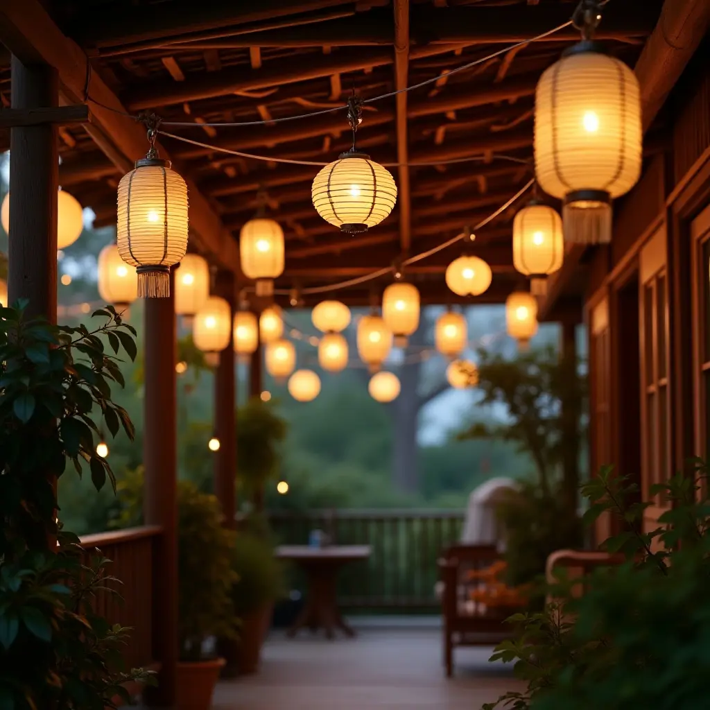 a photo of lanterns hanging from a balcony ceiling surrounded by plants