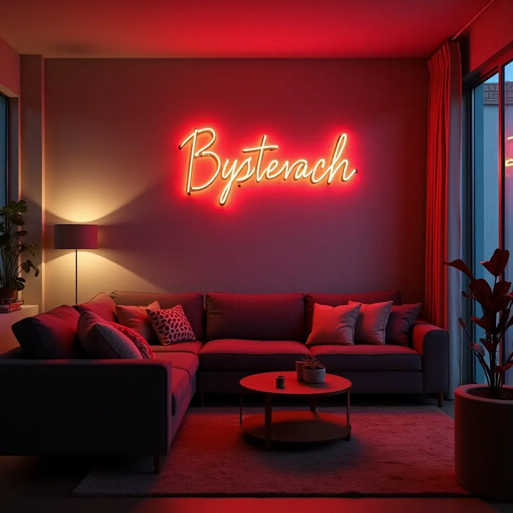 a photo of a small living room with a stylish neon sign