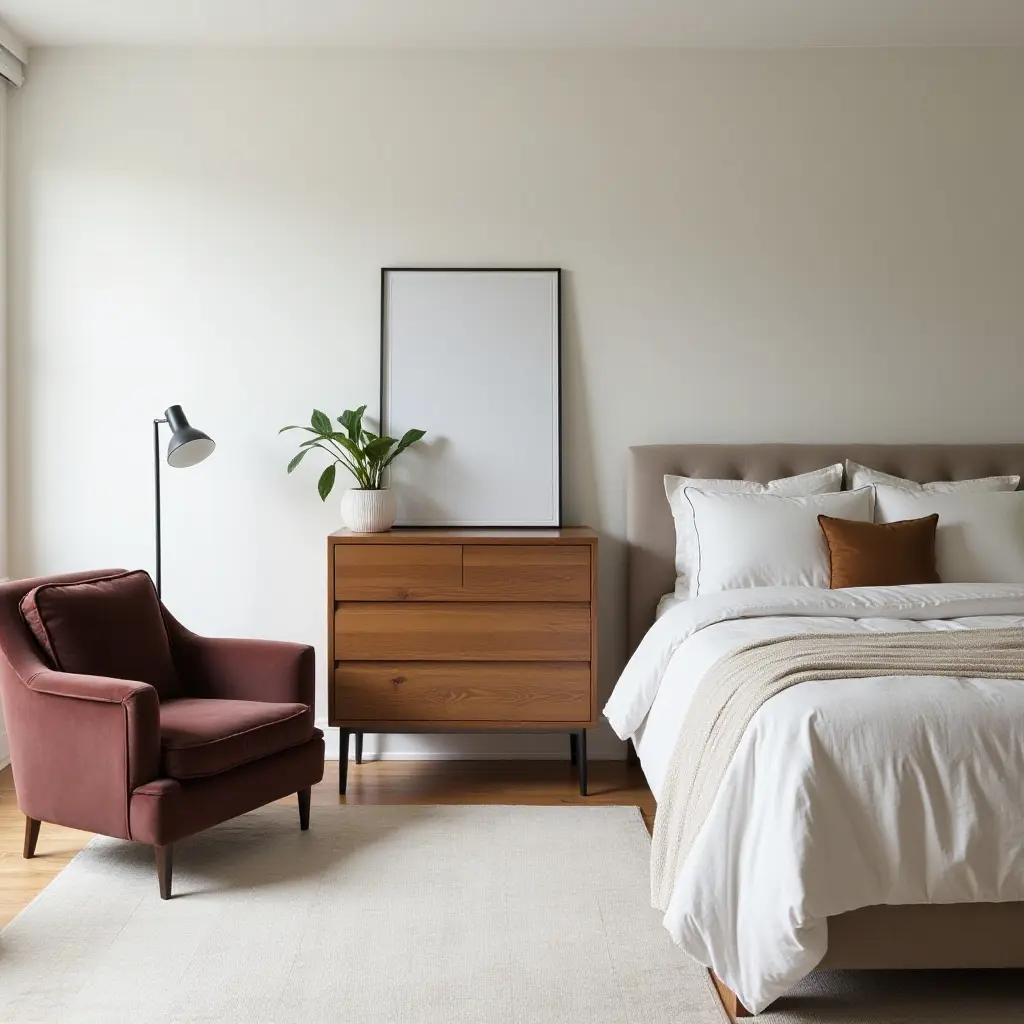 a photo of a chic bedroom featuring a velvet armchair, wooden dresser, and linen bed linens