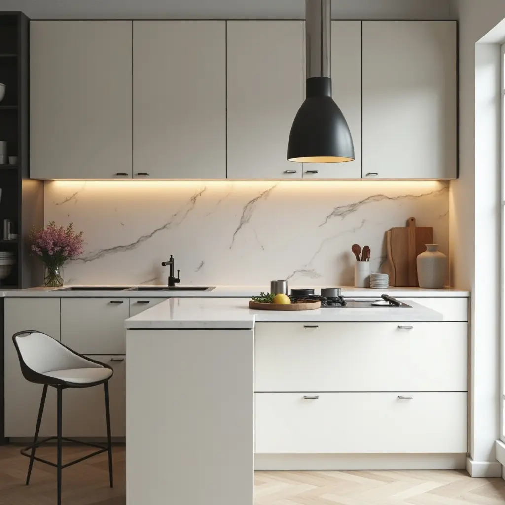 a photo of a minimalist kitchen with a bold backsplash and simple fixtures