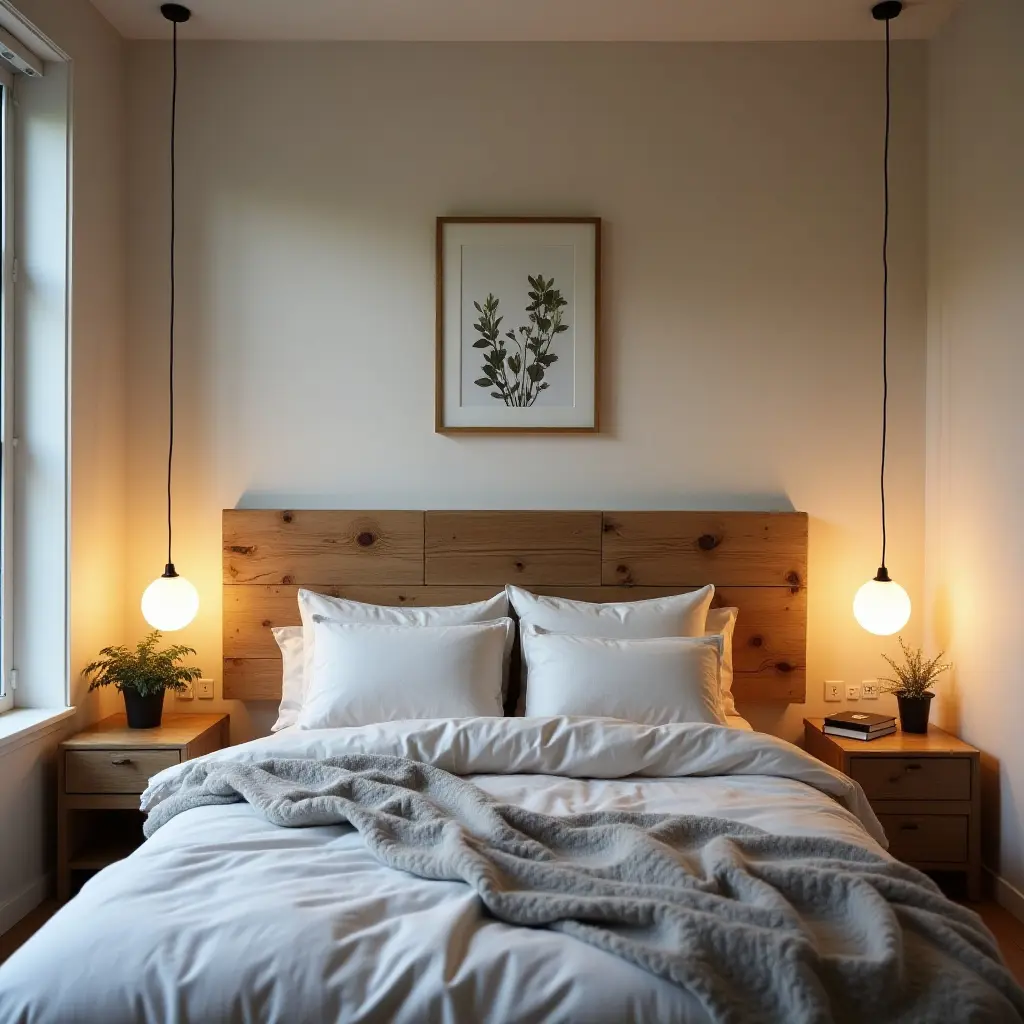 a photo of a teen's bedroom featuring a reclaimed wood headboard and soft lighting