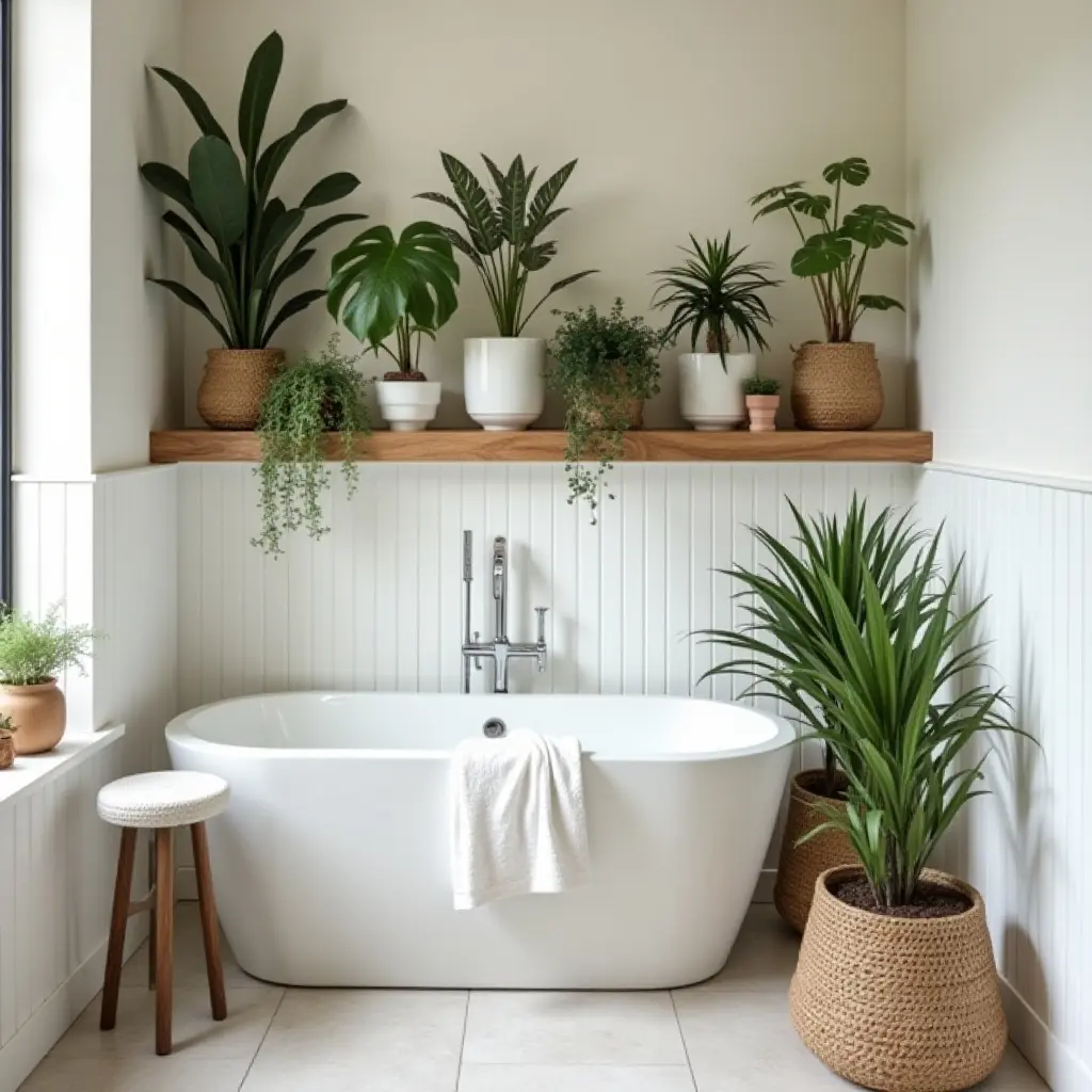 a photo of a cozy bathroom with a shelf of assorted houseplants