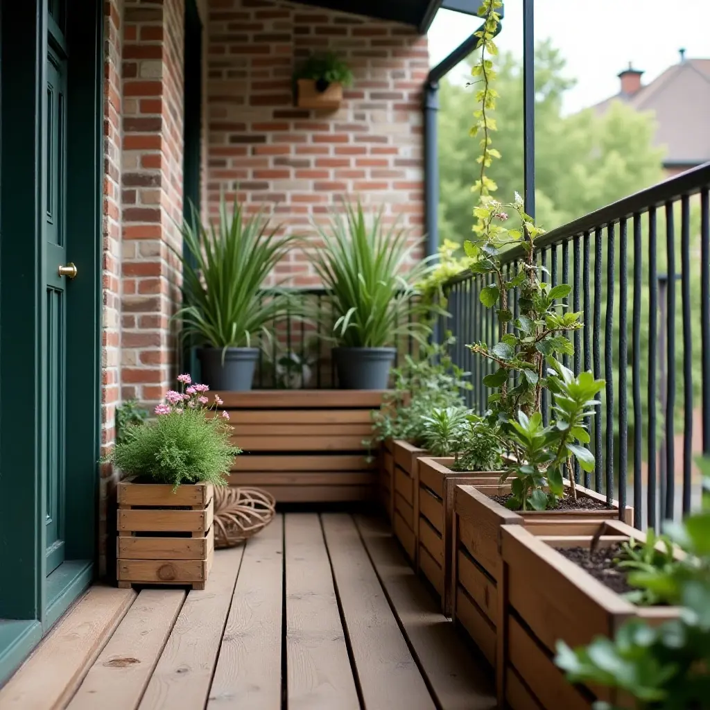 a photo of a rustic balcony with wooden crates used for storage and plants