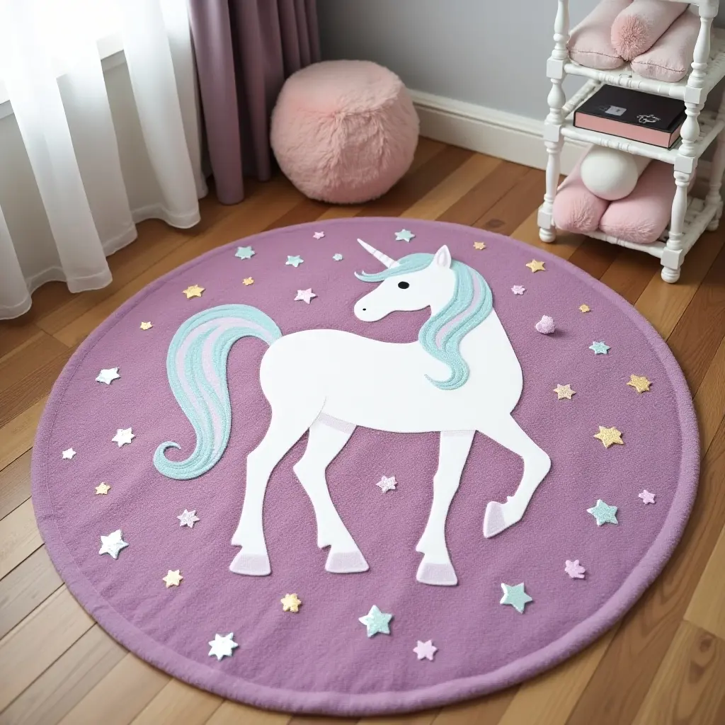 a photo of a magical unicorn rug with sparkling details for a child's room
