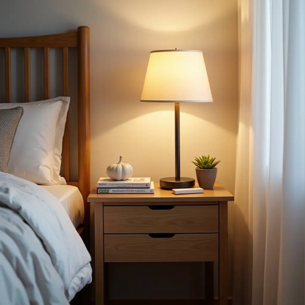 a photo of a wooden nightstand with a lamp and books in a teen's room