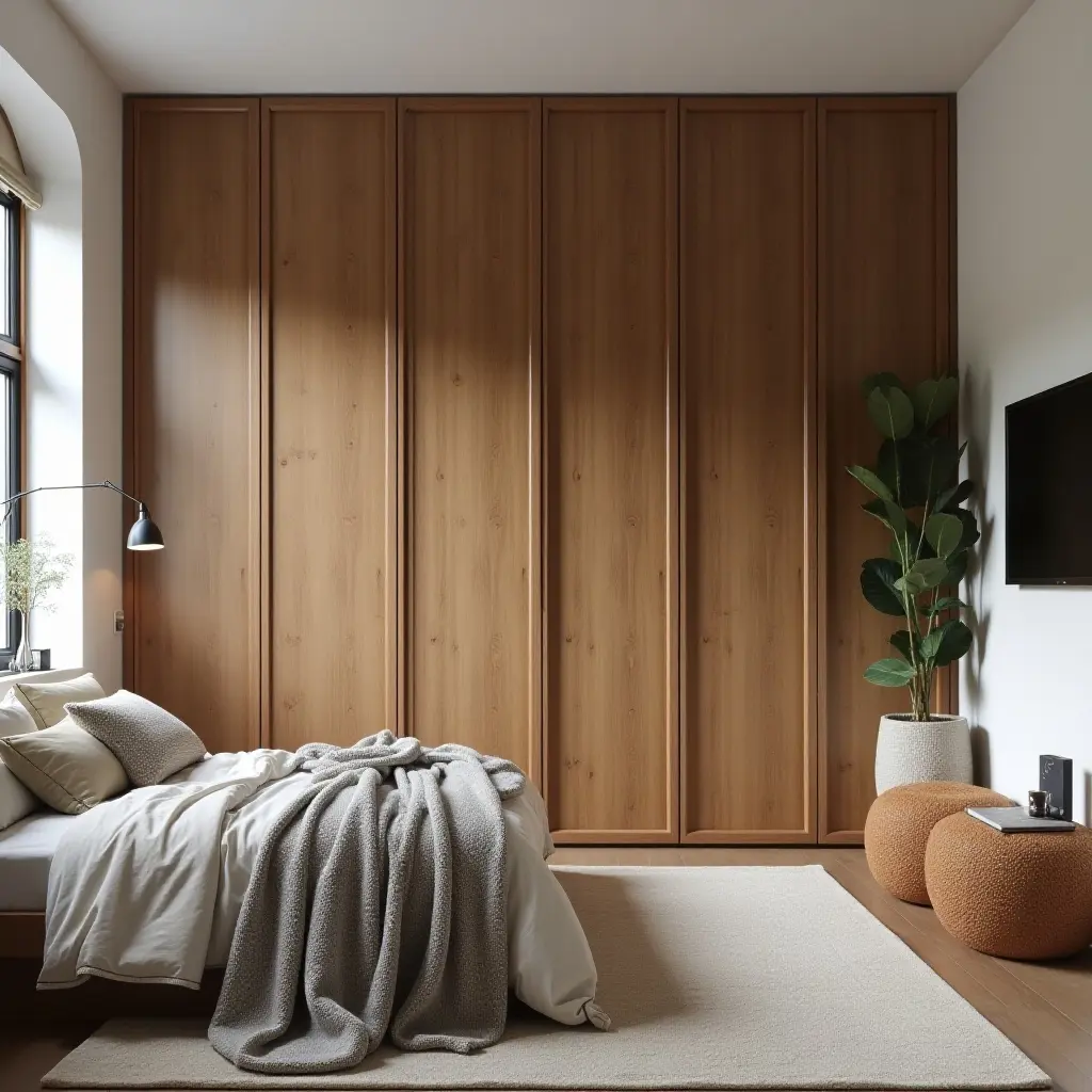 a photo of a teen bedroom featuring a rustic wooden wardrobe and soft textiles