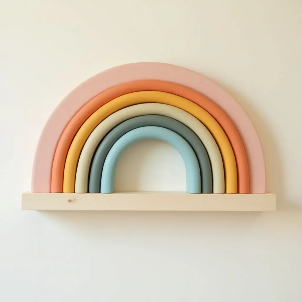 a photo of a shelf designed like a rainbow bridge for children's room