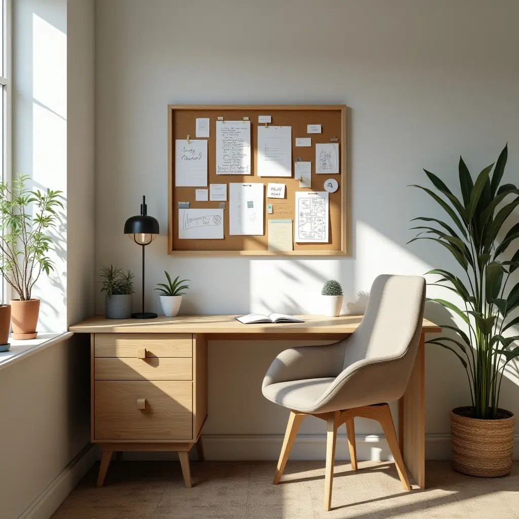a photo of a study nook with a pinboard for creative ideas