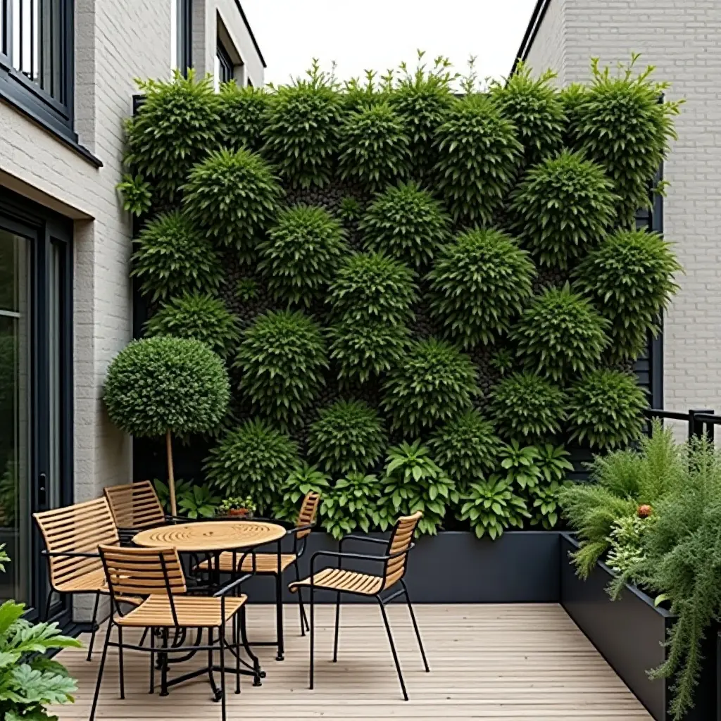 a photo of a modern balcony garden with a geometric wall of plants