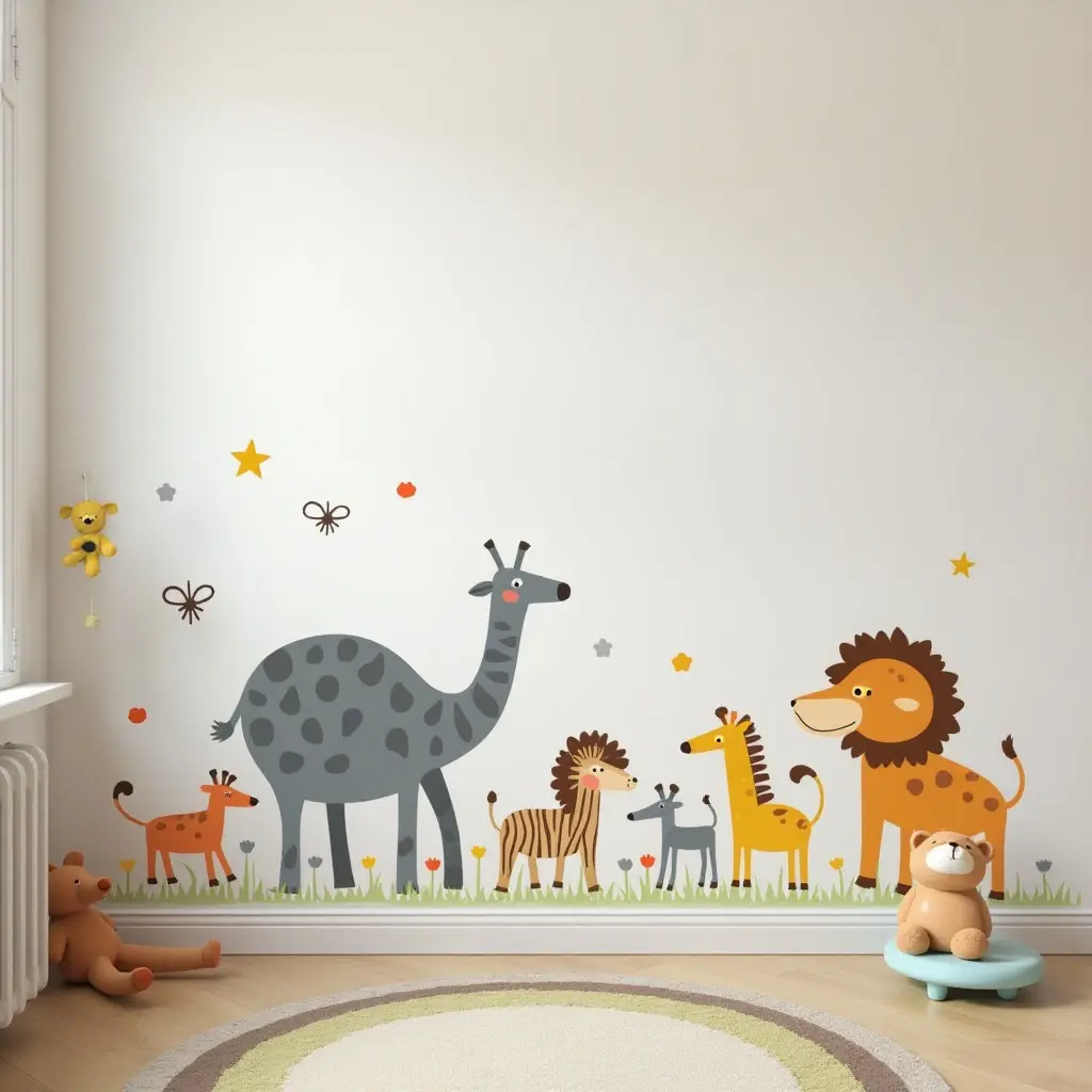 a photo of whimsical animal wall decals in a child's room