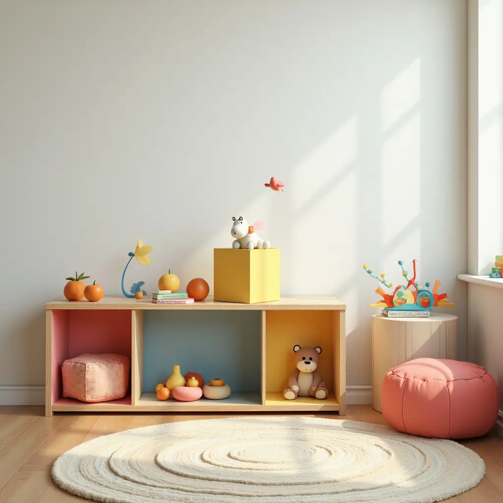 a photo of a colorful kids' room with wooden toy organizers