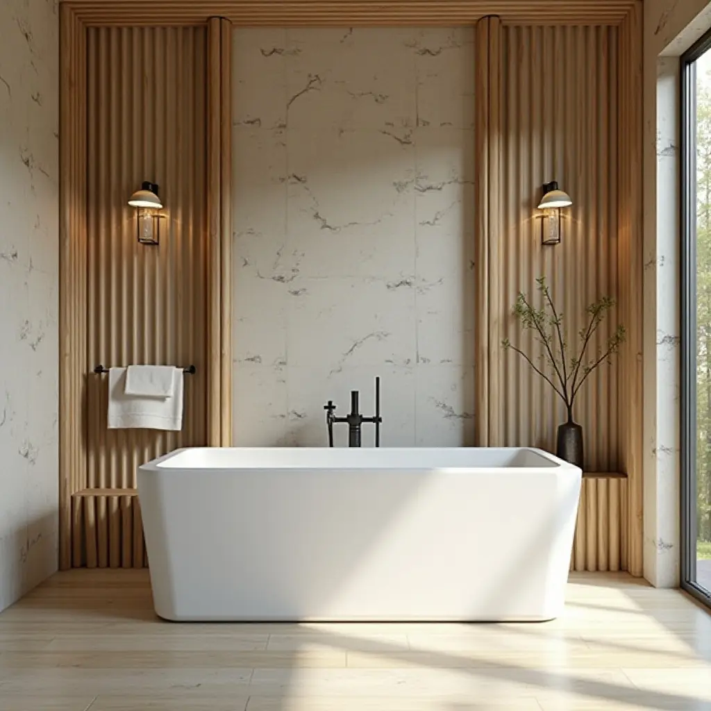 a photo of a serene bathroom featuring a freestanding tub and bamboo accents