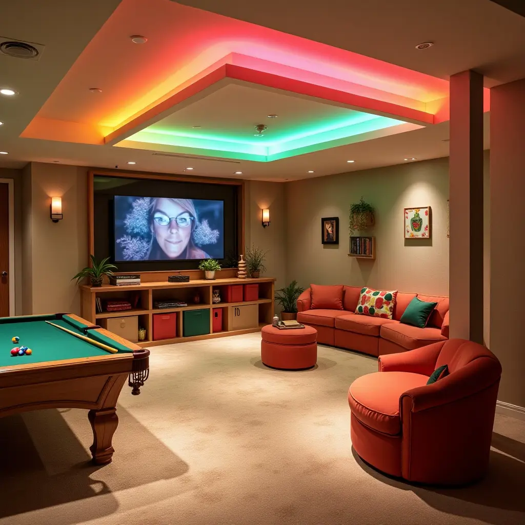 a photo of a playful basement playroom with colorful ceiling lights