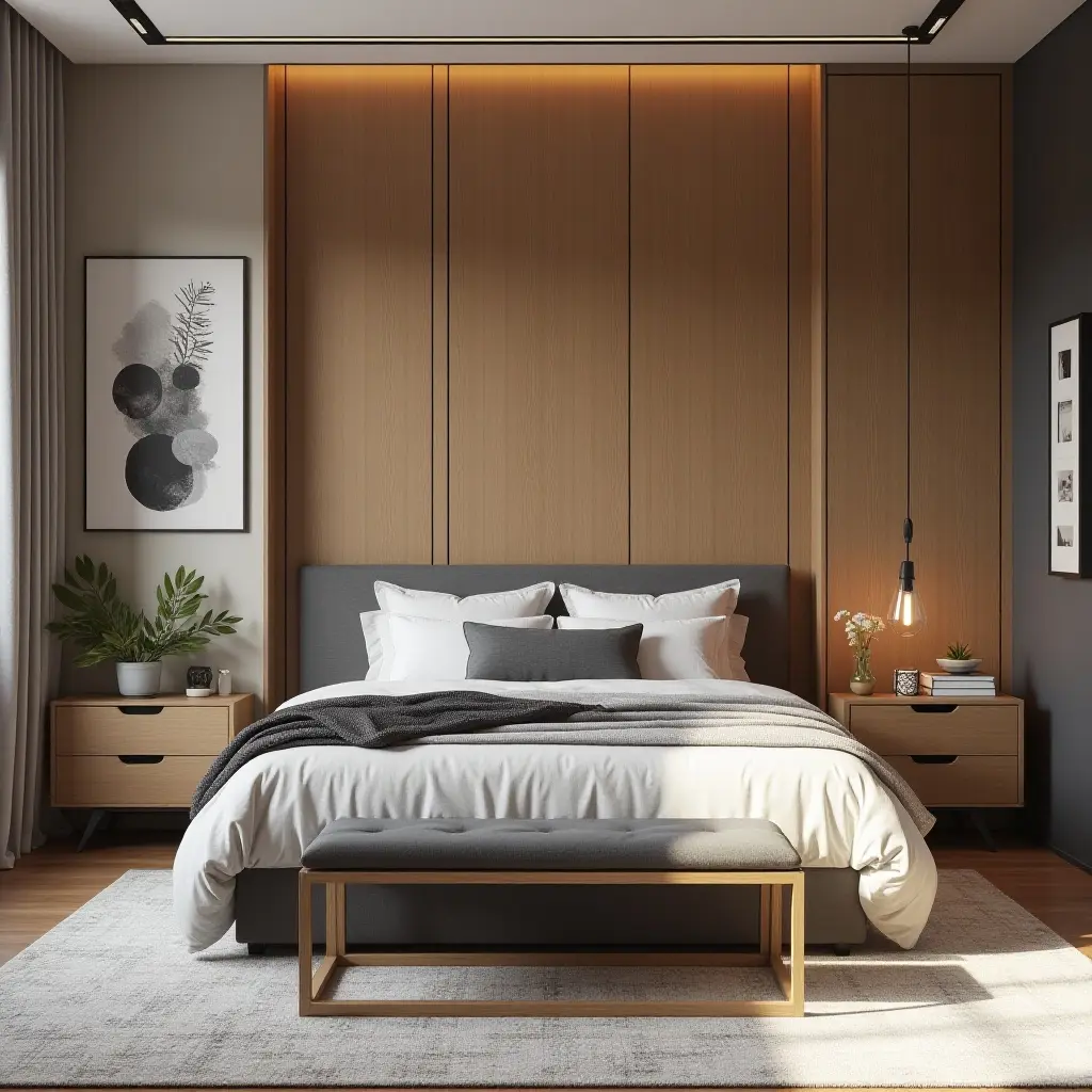 a photo of a contemporary teen bedroom with fabric, wood, and metal fusion