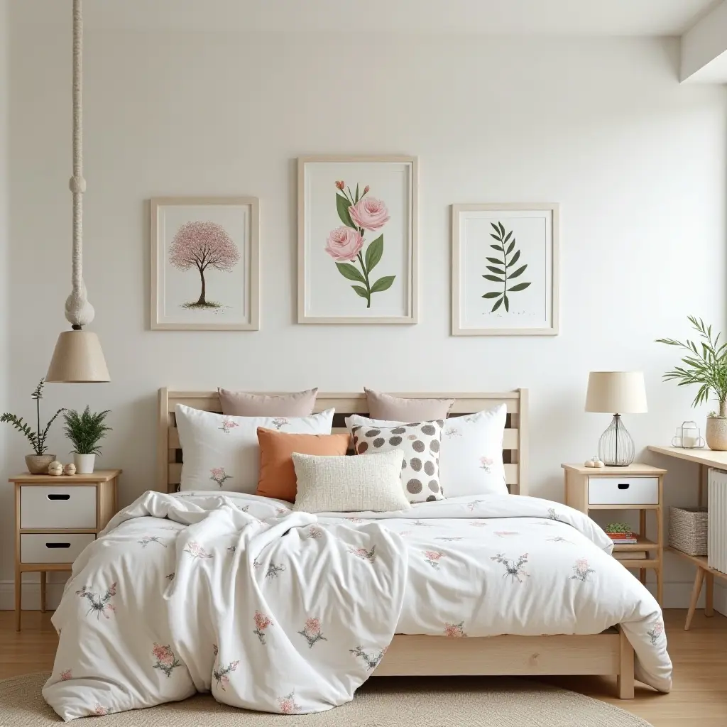 a photo of a nature-themed children's bedroom with botanical prints