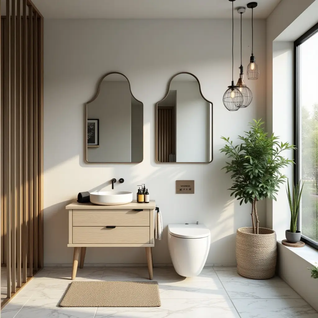 a photo of a cozy Scandinavian-inspired bathroom featuring wooden accents and greenery