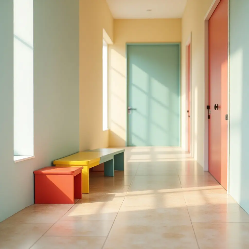 a photo of a playful bench with bright colors in a children's hallway