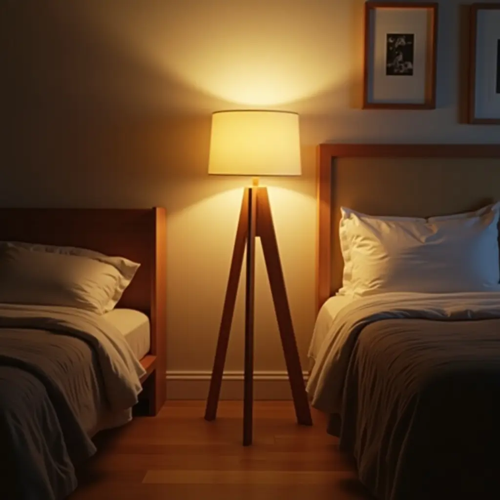 a photo of a wooden floor lamp creating ambiance in a teen's room