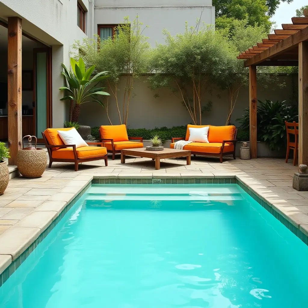 a photo of a cozy backyard pool with bright cushions and rustic wooden furniture