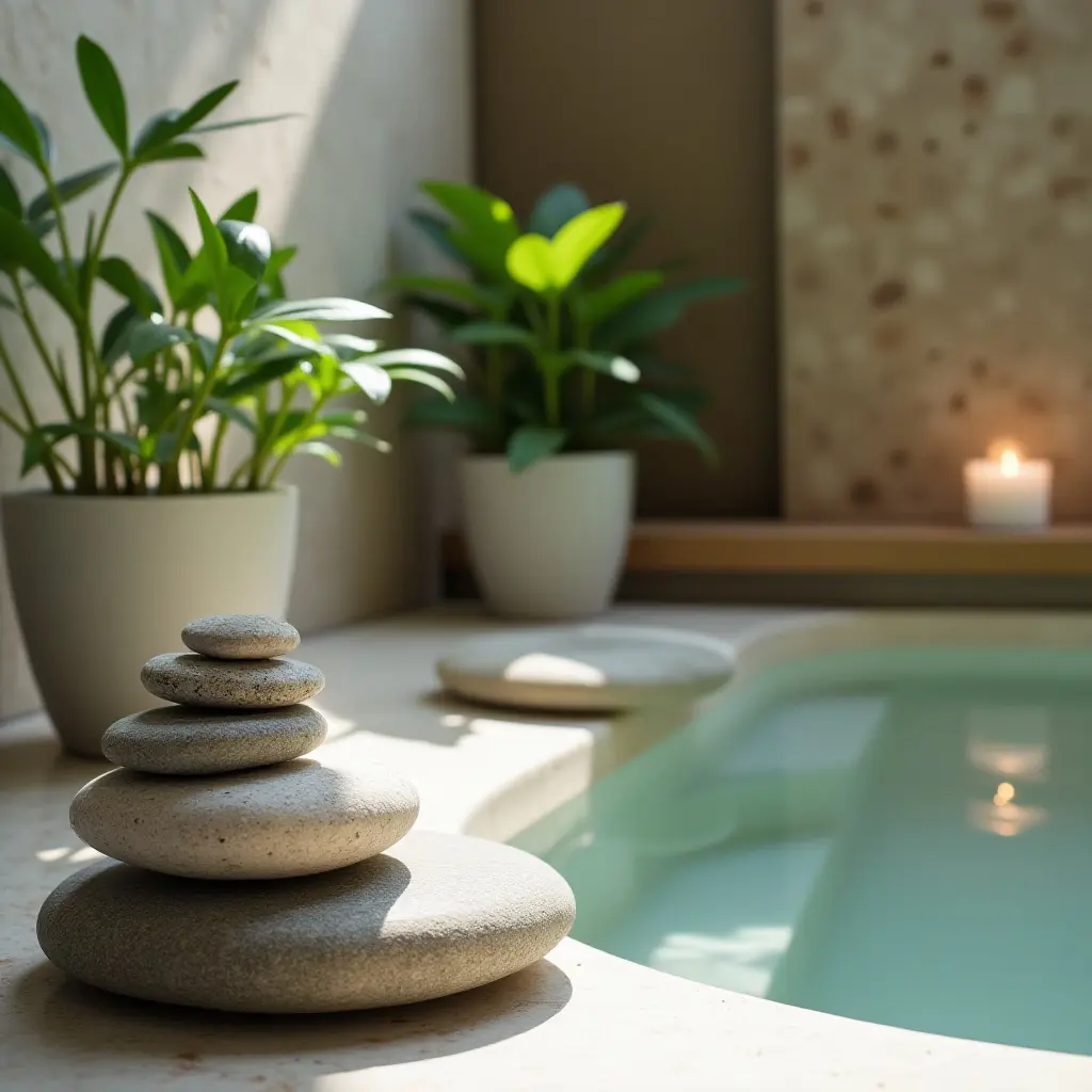 a photo of a spa-inspired bathroom with stones and potted plants