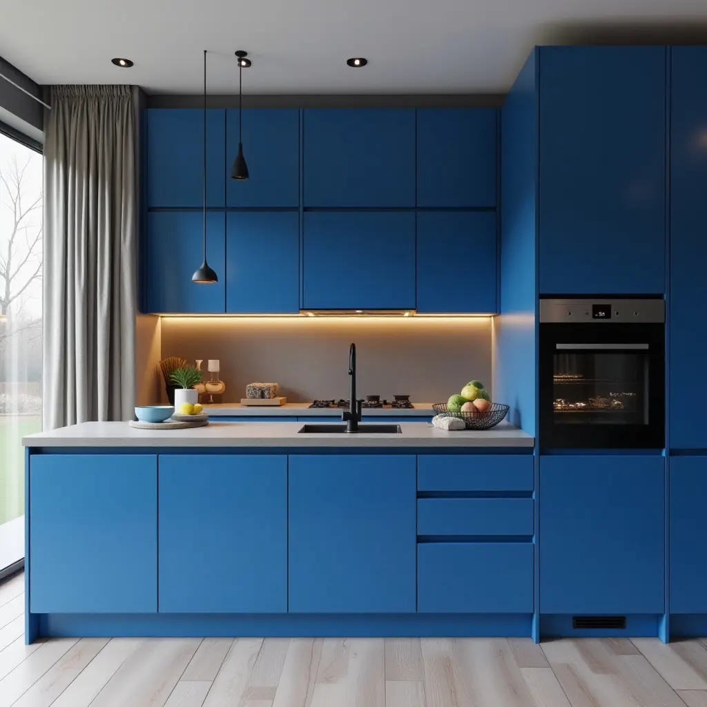 a photo of a sleek silver and royal blue kitchen with modern aesthetics