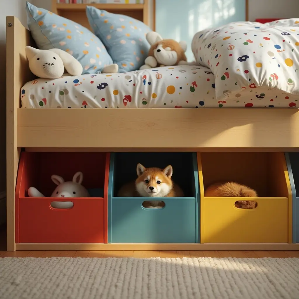 a photo of a colorful under-bed storage solution for kids' toys