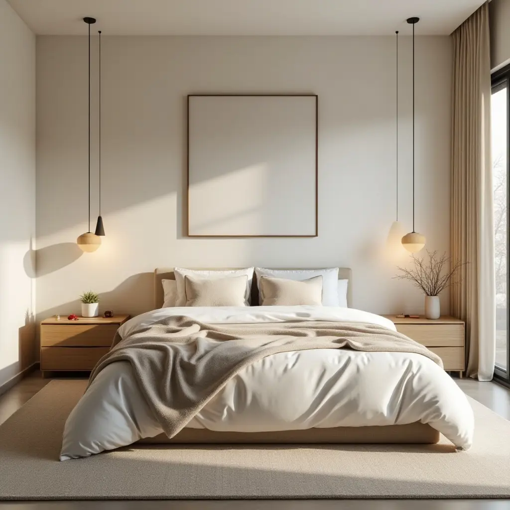 a photo of a serene bedroom with soft lighting and calming decor