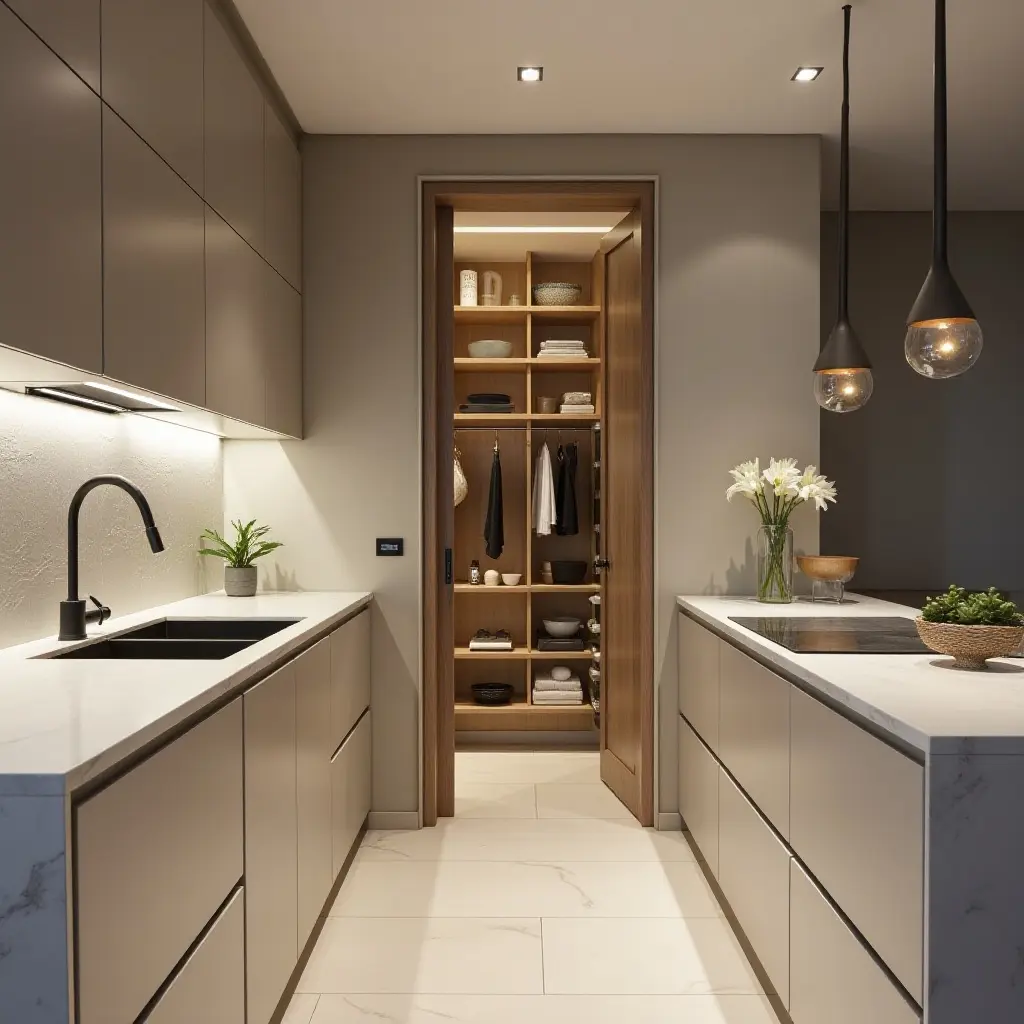 a photo of a sleek kitchen featuring a hidden pantry and clean surfaces