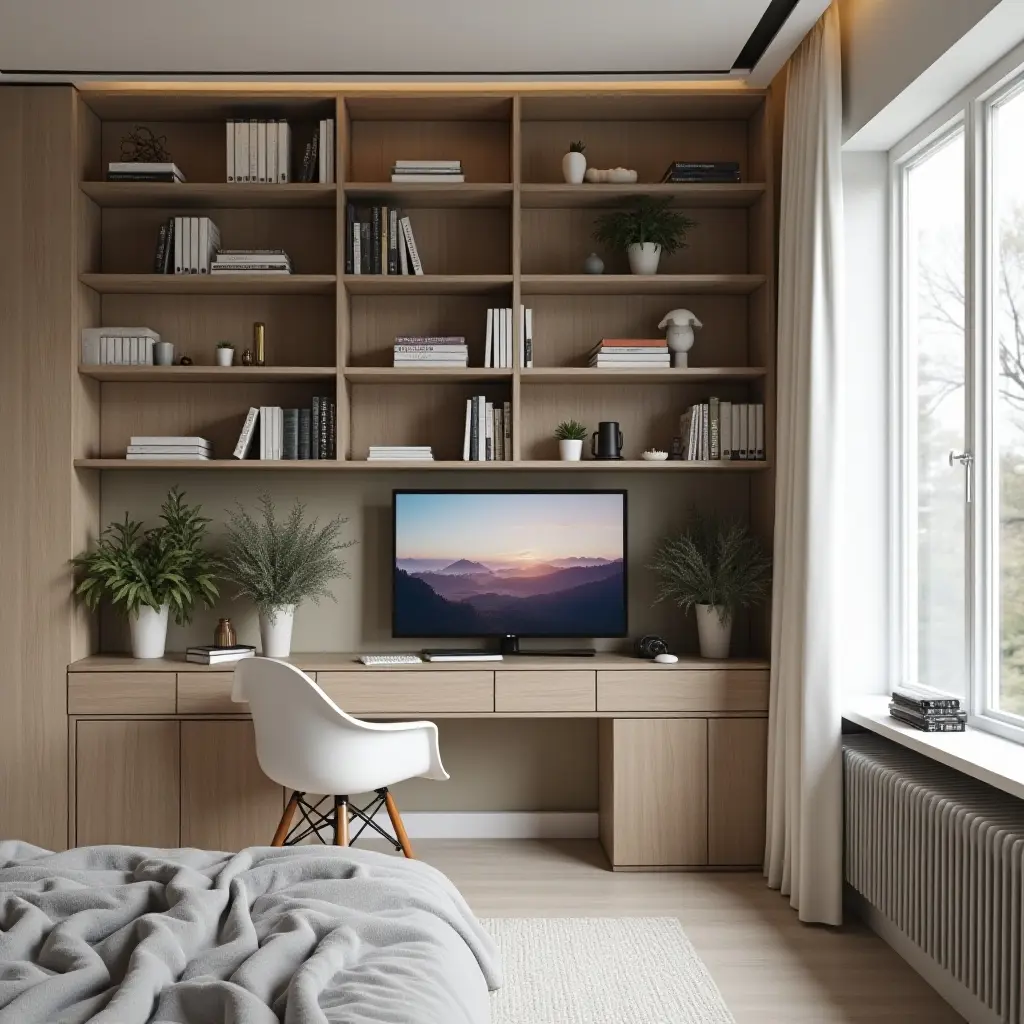 a photo of a trendy bedroom shelf with a mix of books and tech gadgets