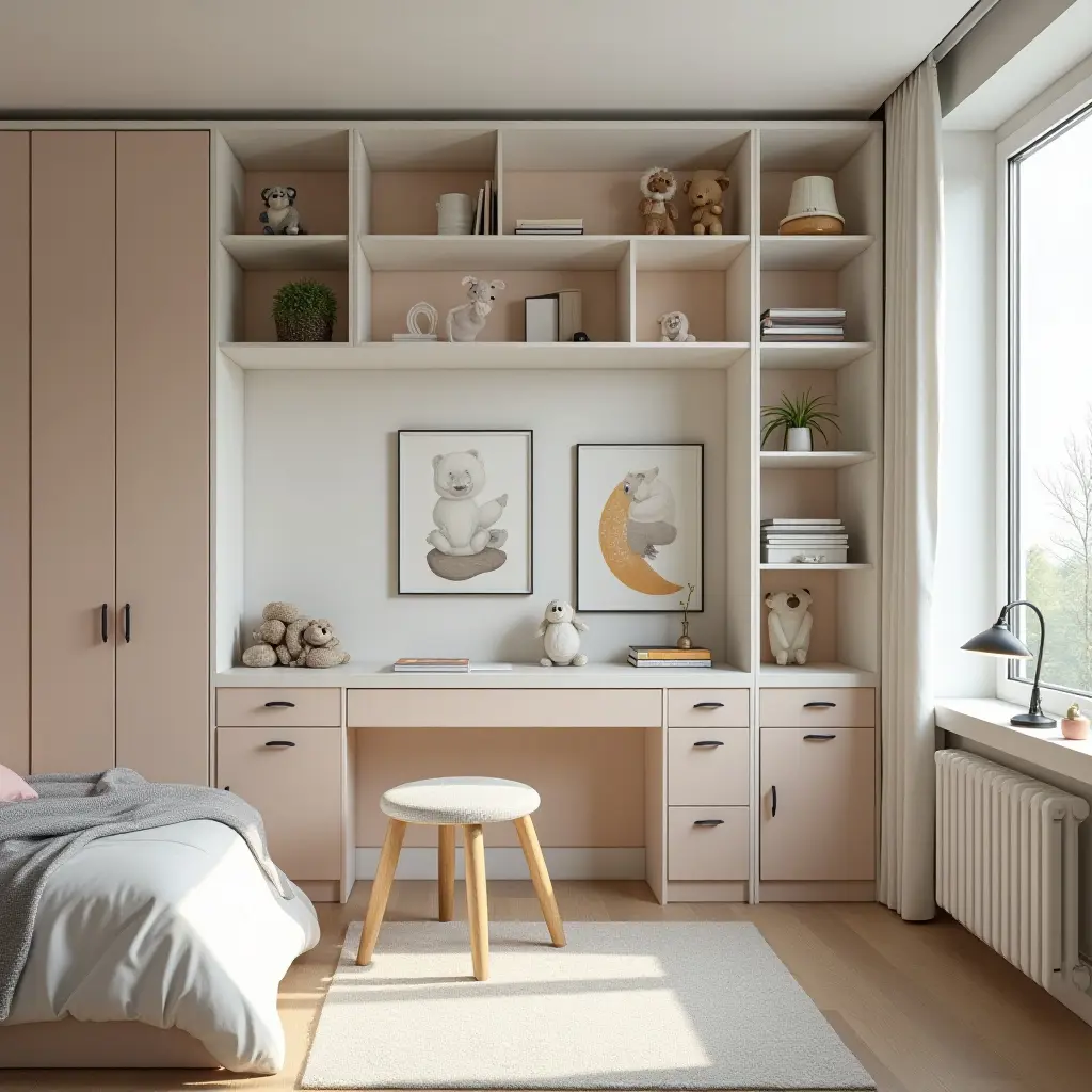 a photo of a stylish kids' bedroom with a desk area and organized storage solutions