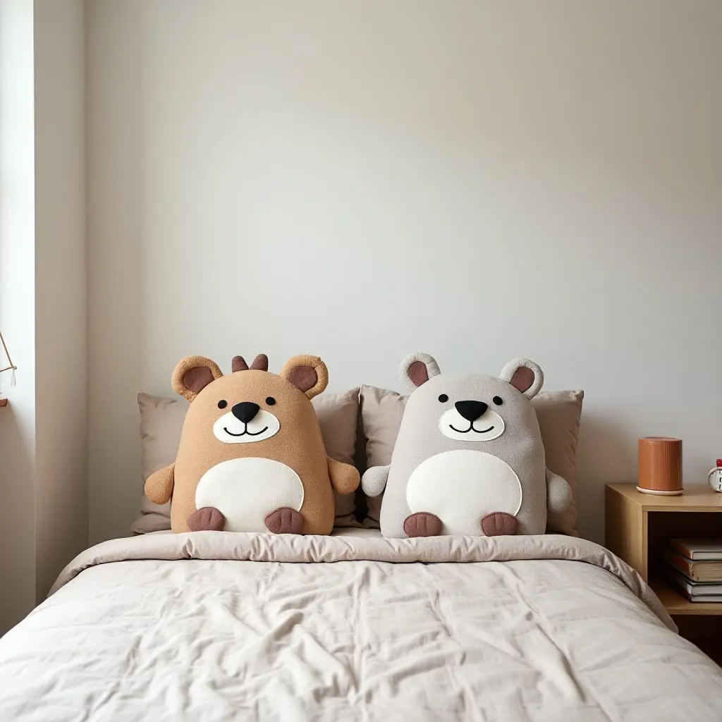 a photo of a kid's bedroom with fun animal throw pillows