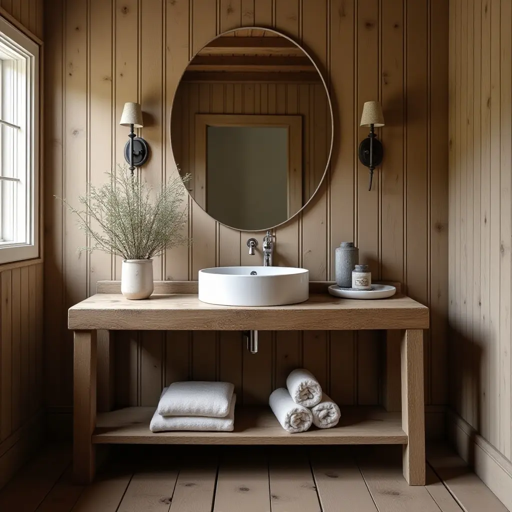 a photo of a wooden washstand with vintage decor in a rustic bathroom